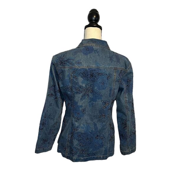 Rare Chico’s Design Denim Jean Jacket Floral Embroidery Beading Size 1 Small - Picture 4 of 6